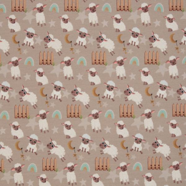 Baumwolljersey Schafe auf Beige Landkind by Mrs. Mint Design by Swafing